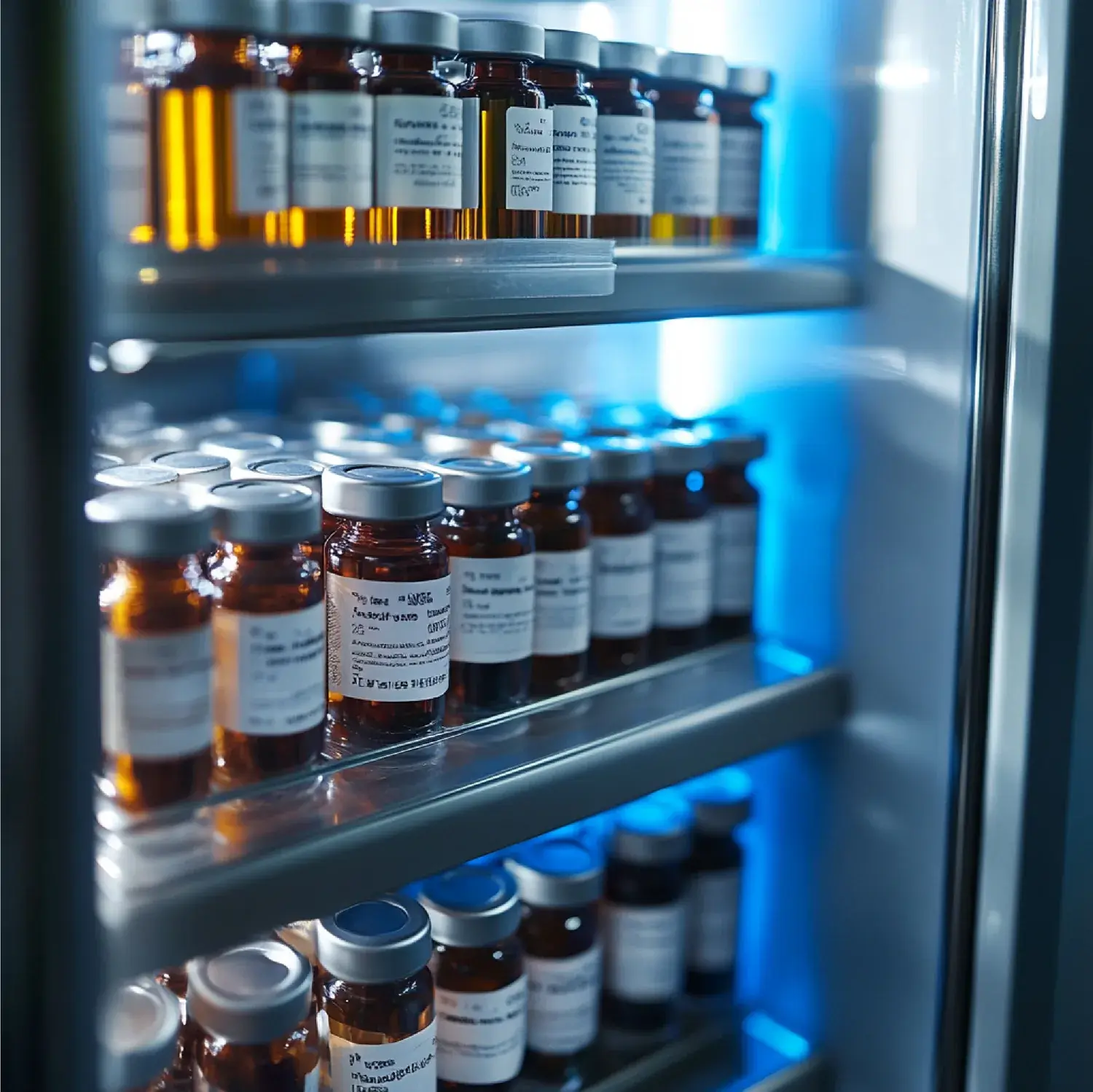 Frascos de vacina em prateleiras de uma geladeira médica sob iluminação azul de refrigeração