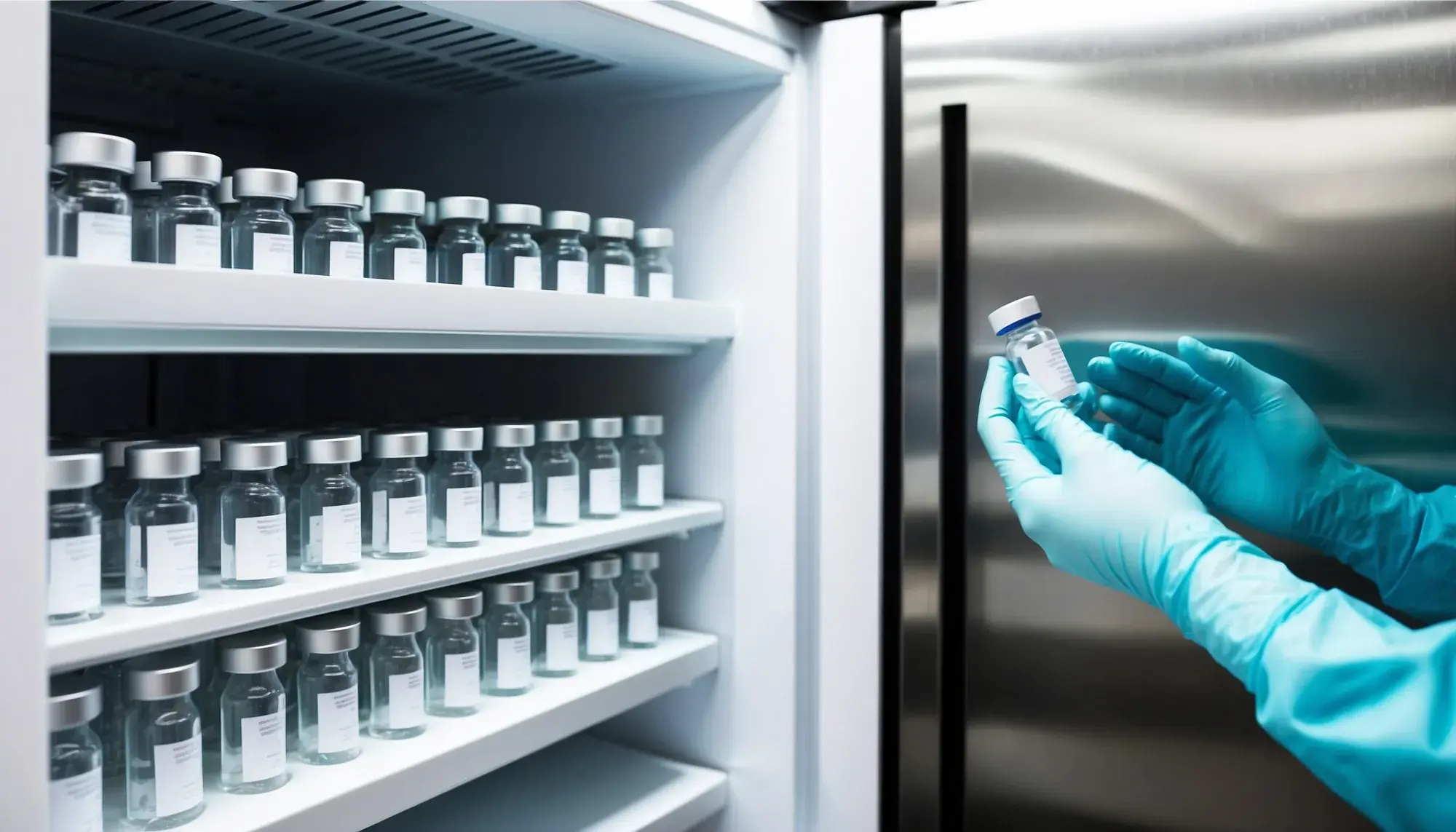 Profissional de luvas inspecionando um frasco de vacina diante de uma geladeira médica cheia de frascos organizados